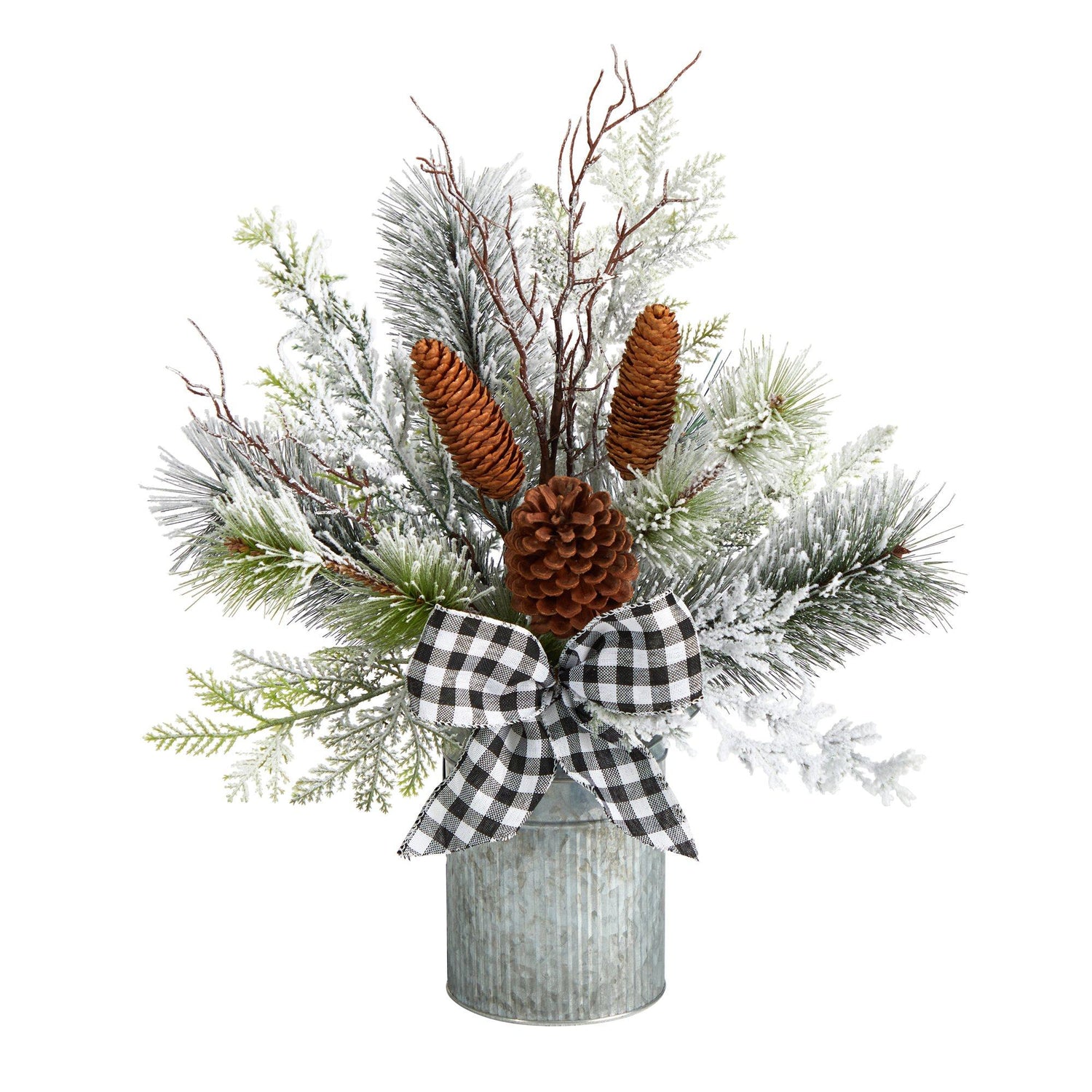 20” Holiday Winter Greenery with Pinecones and Gingham Plaid Bow Table  Christmas Arrangement