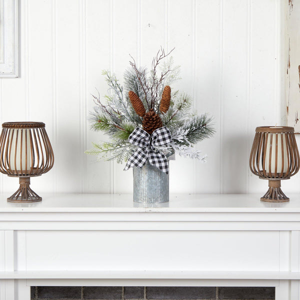 20” Holiday Winter Greenery with Pinecones and Gingham Plaid Bow Table Christmas Arrangement