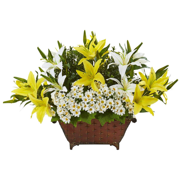 20” Lilly and Daisy Artificial Arrangement in Metal Planter