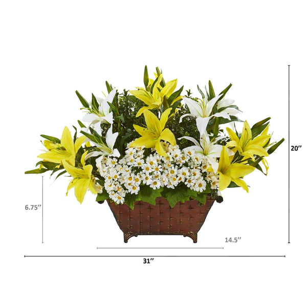 20” Lilly and Daisy Artificial Arrangement in Metal Planter