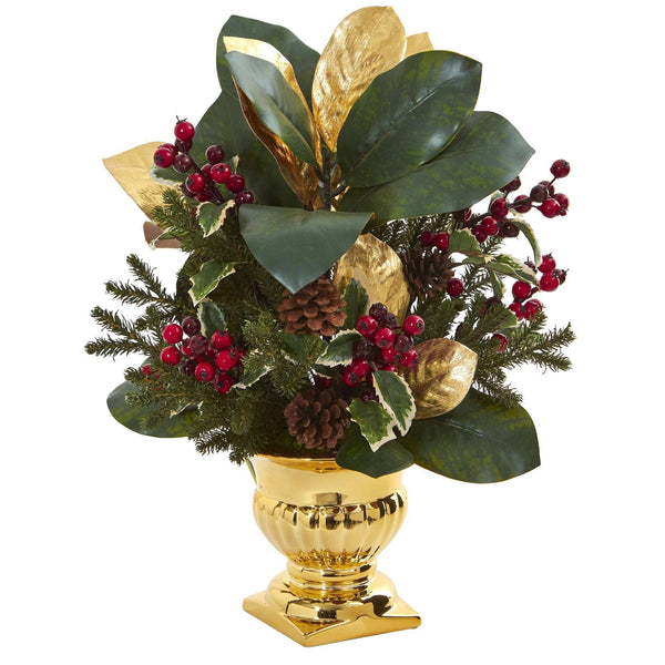 20” Magnolia Leaf & Holly Berry Artificial Arrangement in Gold Urn
