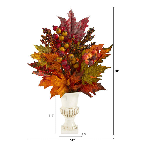 20” Maple Leaf and Berries Artificial Arrangement in White Urn