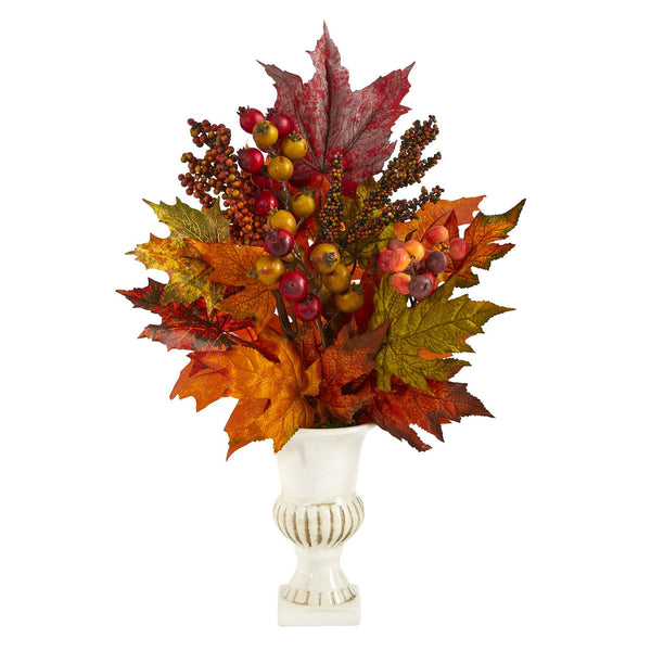 20” Maple Leaf and Berries Artificial Arrangement in White Urn