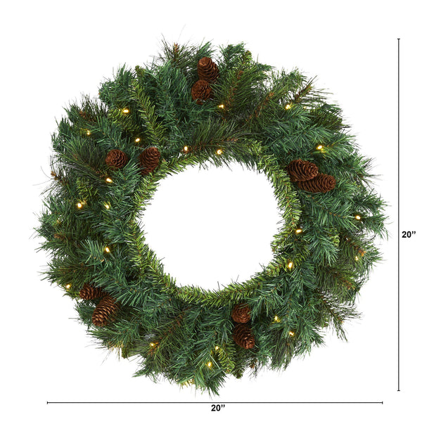 20” Mixed Pine and Pinecone Artificial Christmas Wreath with 35 Clear LED Lights
