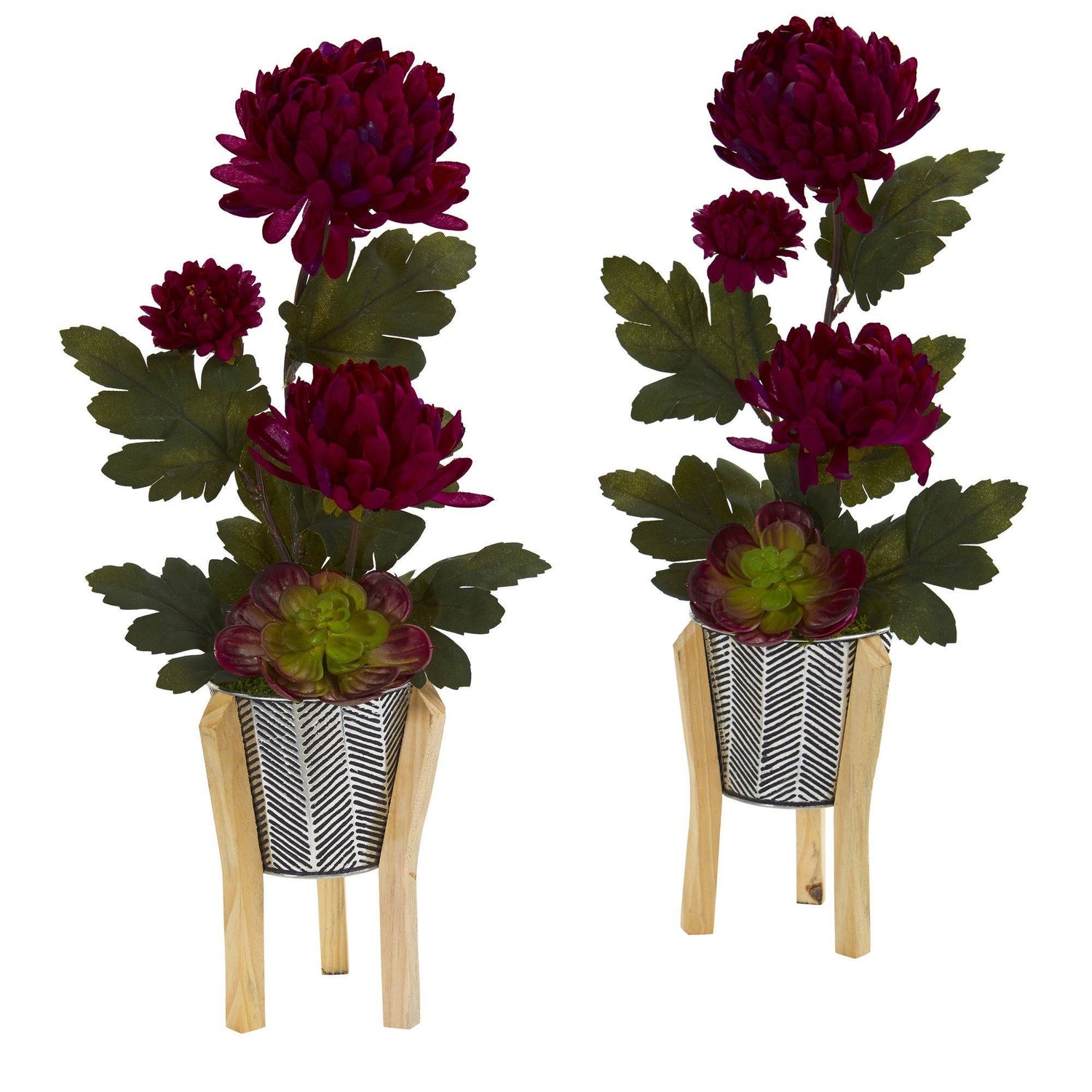 20” Mum and Succulent Artificial Arrangement in Tin Planter with Legs (Set of 2)