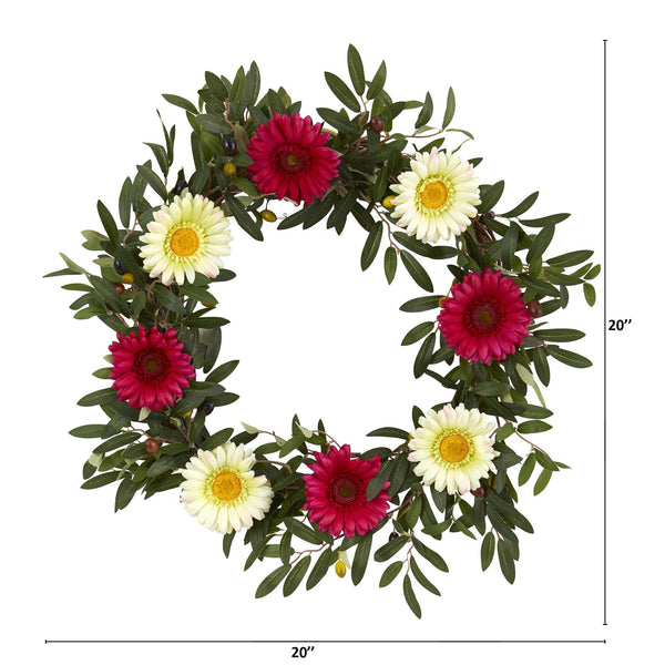 20” Olive and Gerber Daisy Artificial Wreath
