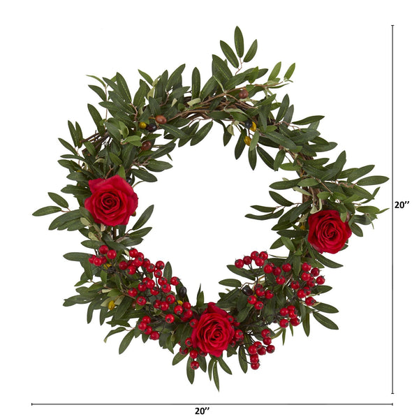 20” Olive, Berries and Rose Artificial Wreath