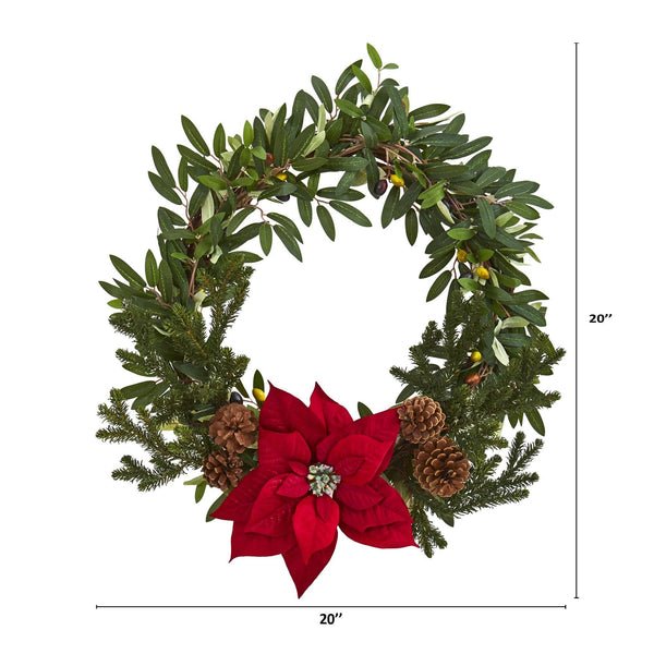 20” Olive with Poinsettia Artificial Wreath