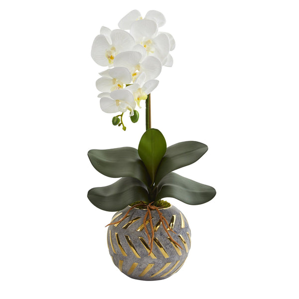 20” Phalaenopsis Orchid Artificial Arrangement in Planter with Gold Trimming