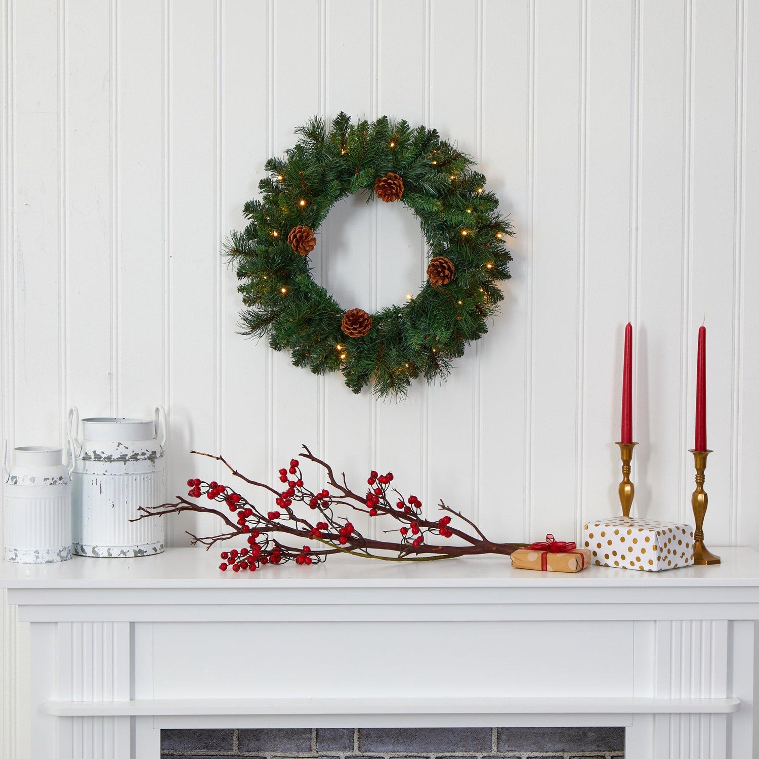 20” Pine Artificial Christmas Wreath with 35 LED Lights and Pinecones