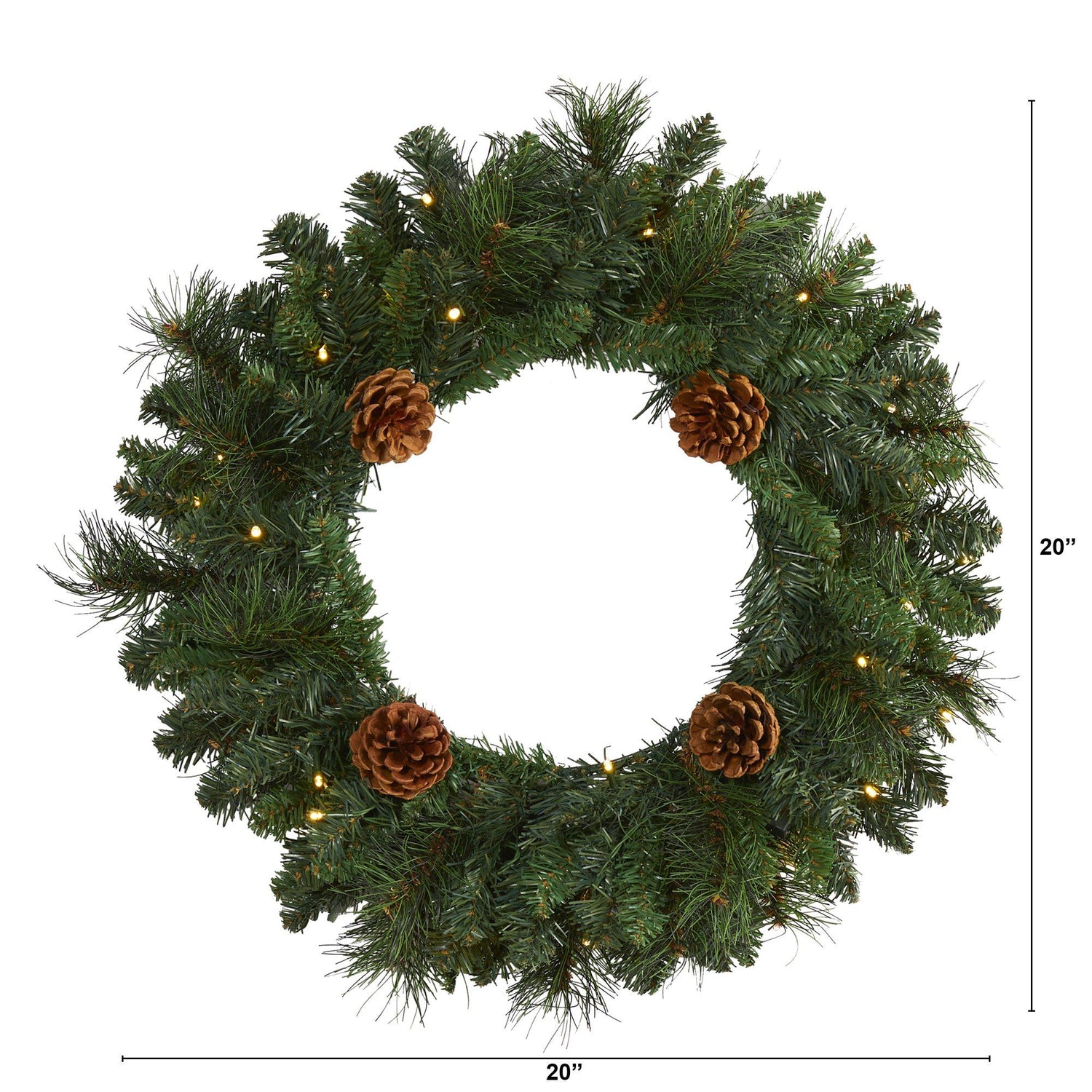 20” Pine Artificial Christmas Wreath with 35 LED Lights and Pinecones
