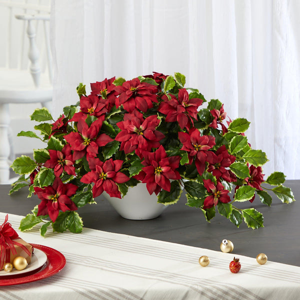 20” Poinsettia and Variegated Holly Artificial Plant in Oval White Planter (Real Touch)