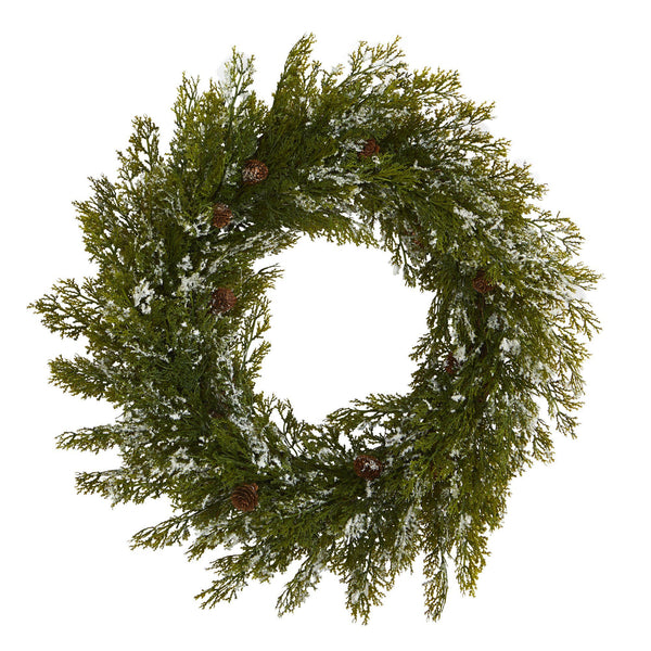 20” Snowed Artificial Cedar Wreath with Pine Cones