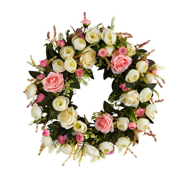 20” White & Pink Rose Artificial Wreath