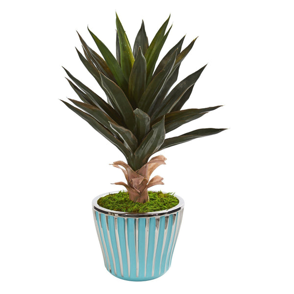 21” Agave Artificial Plant in a Turquoise Planter with Silver Trimming