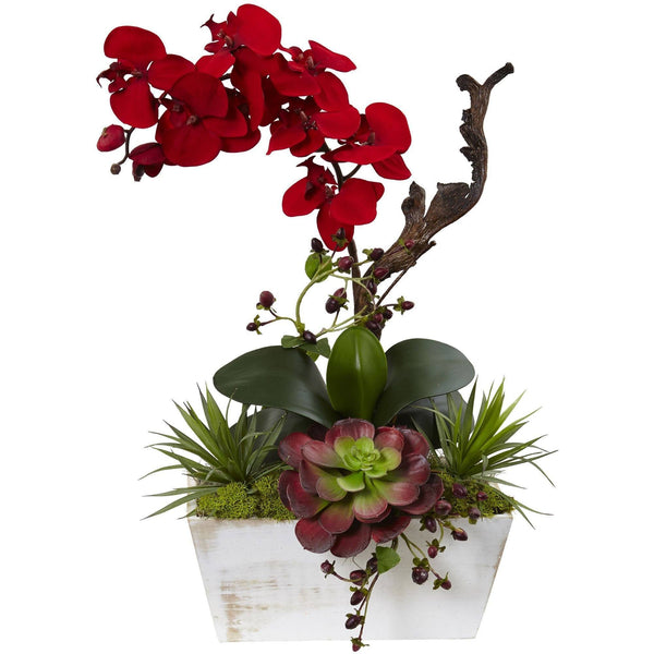 21" Artificial Seasonal Orchid & Succulent Garden w/White Wash Planter"