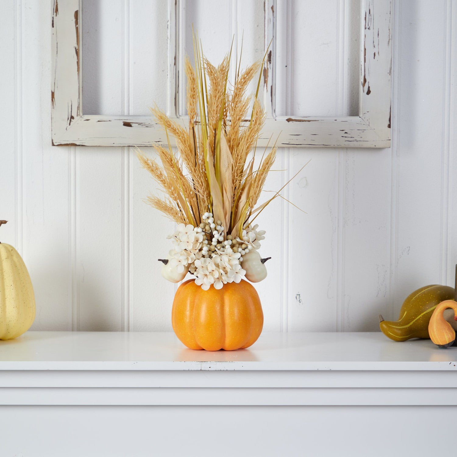 21” Autumn Dried Wheat and Pumpkin Artificial Fall Arrangement in Decorative Pumpkin Vase