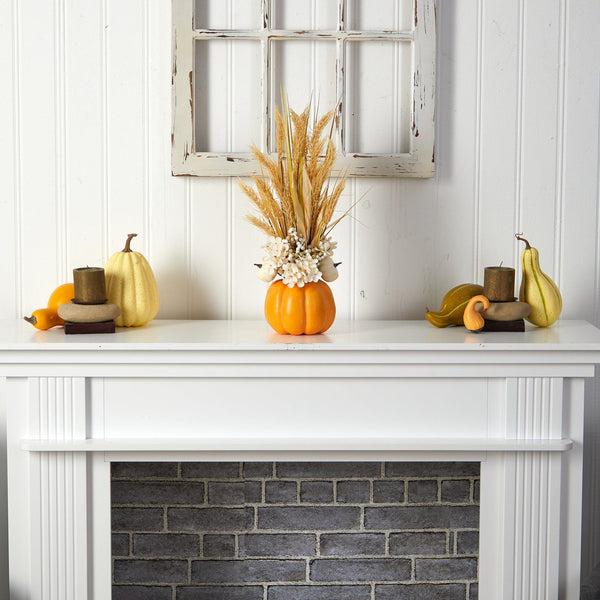 21” Autumn Dried Wheat and Pumpkin Artificial Fall Arrangement in Decorative Pumpkin Vase