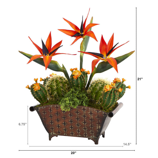 21” Bird of Paradise and Cactus Artificial Plant in Metal Planter