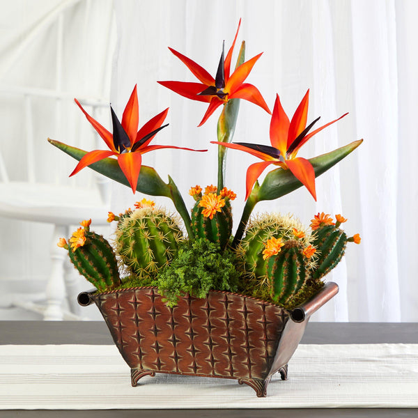 21” Bird of Paradise and Cactus Artificial Plant in Metal Planter