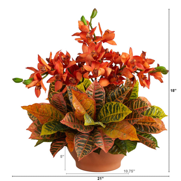 21” Cymbidium Orchid and Croton Artificial Arrangement in Terra Cotta Vase