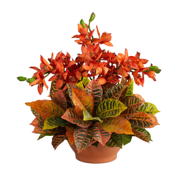 21” Cymbidium Orchid and Croton Artificial Arrangement in Terra Cotta Vase