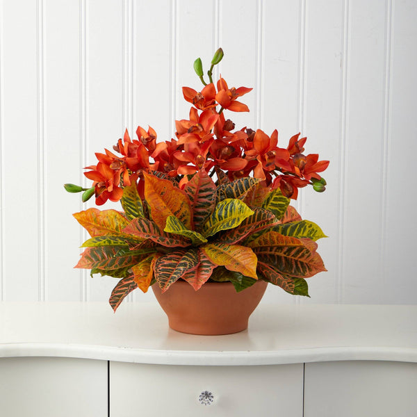 21” Cymbidium Orchid and Croton Artificial Arrangement in Terra Cotta Vase