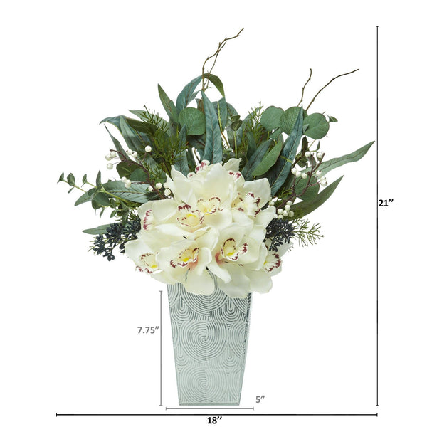 21” Cymbidium Orchid and Eucalyptus Artificial Arrangement