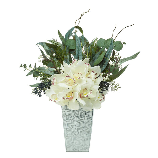 21” Cymbidium Orchid and Eucalyptus Artificial Arrangement