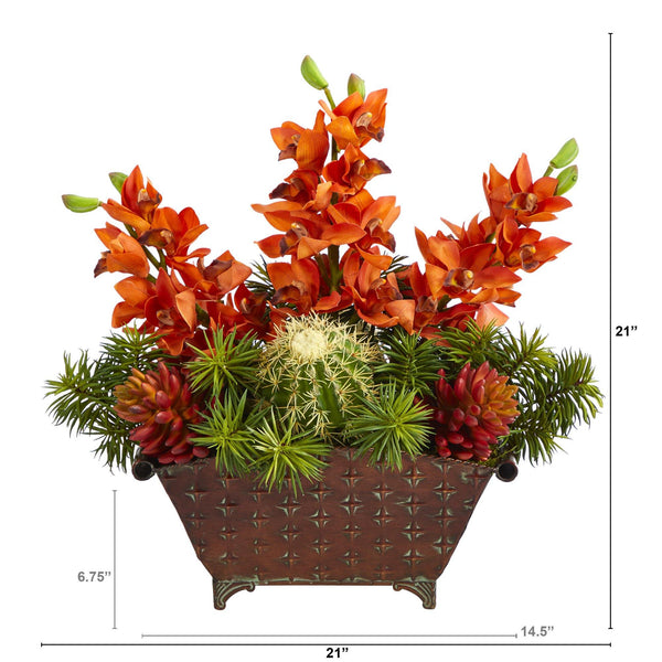 21” Cymbidium Orchid, Cactus and Succulent Artificial Arrangement in Metal Vase