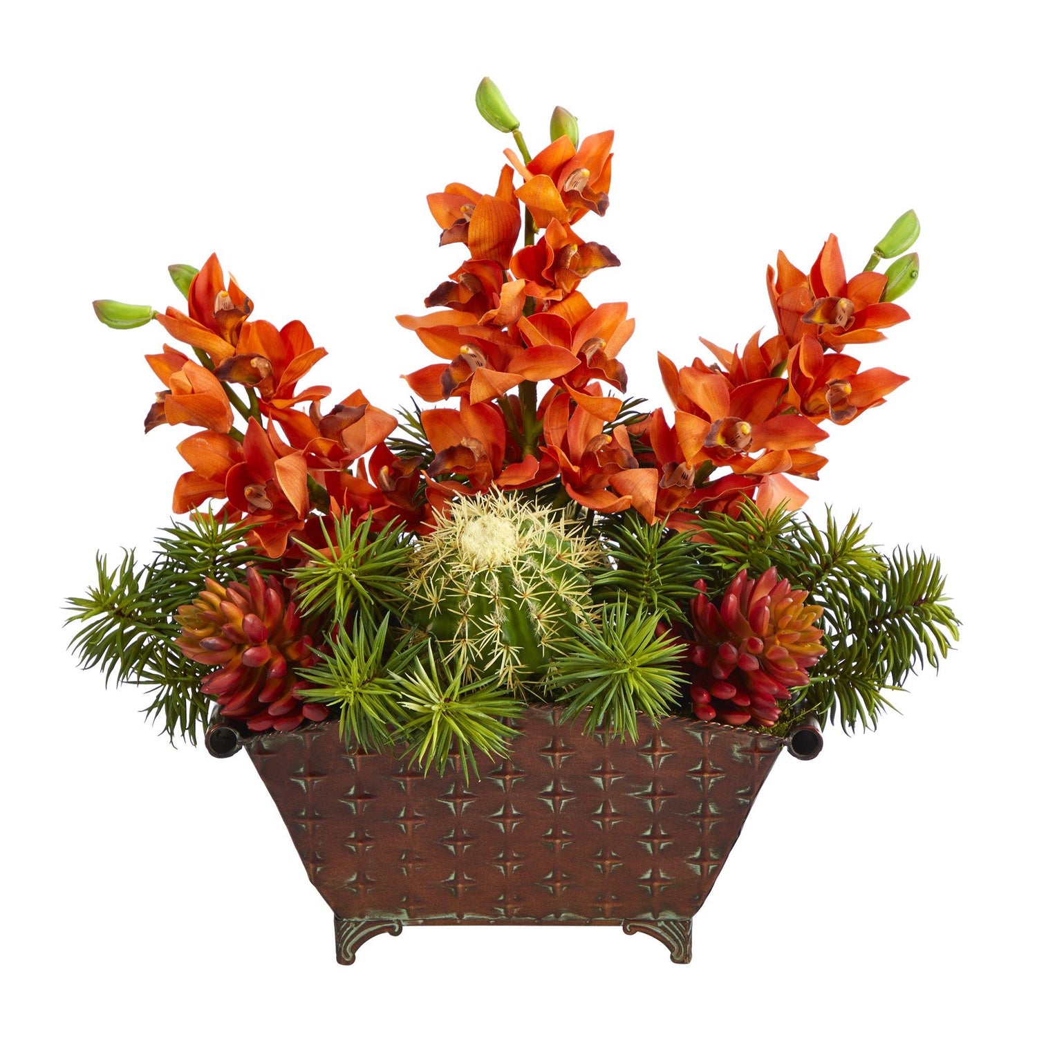 21” Cymbidium Orchid, Cactus and Succulent Artificial Arrangement in Metal Vase