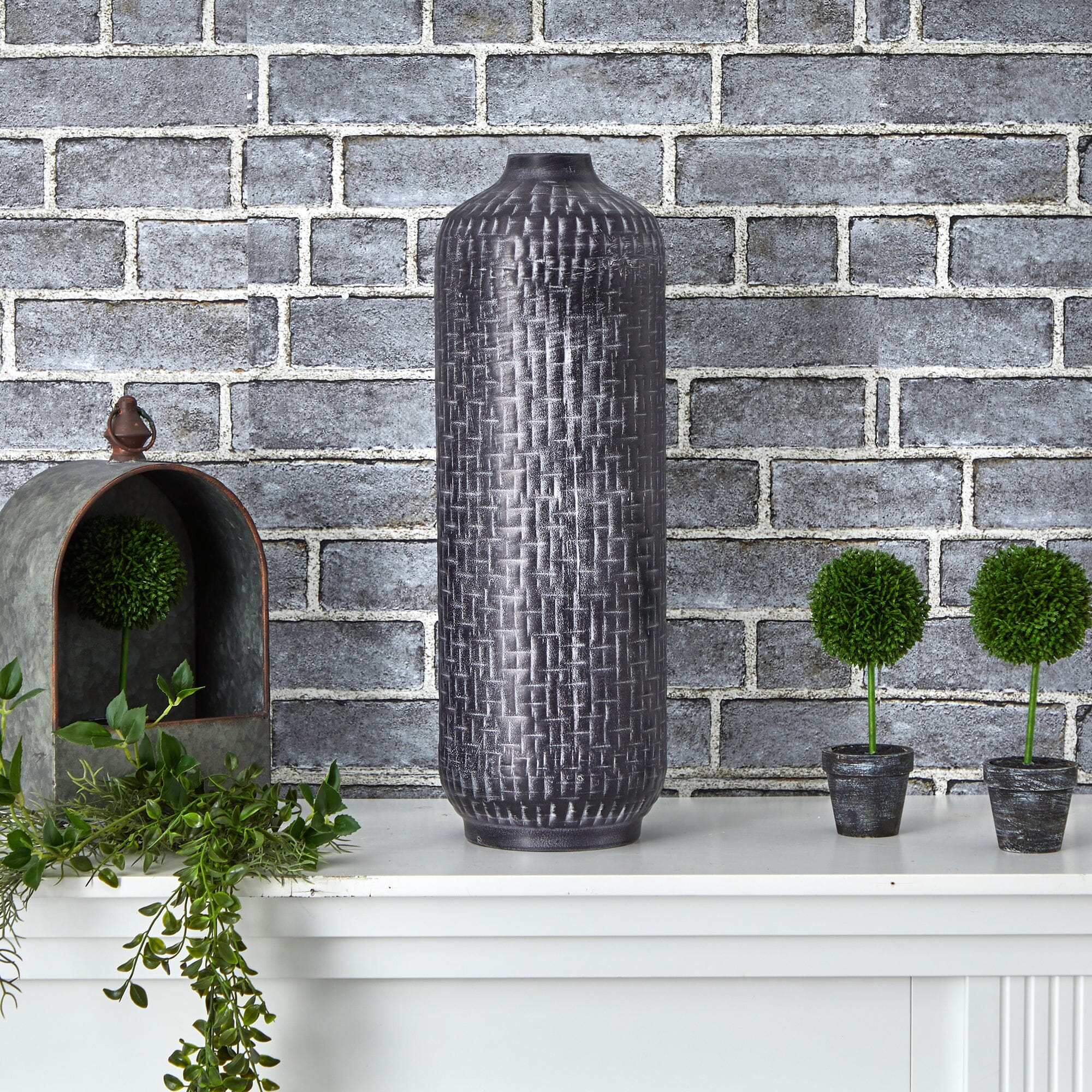 21” Embossed Metal Cylinder Vase | Nearly Natural