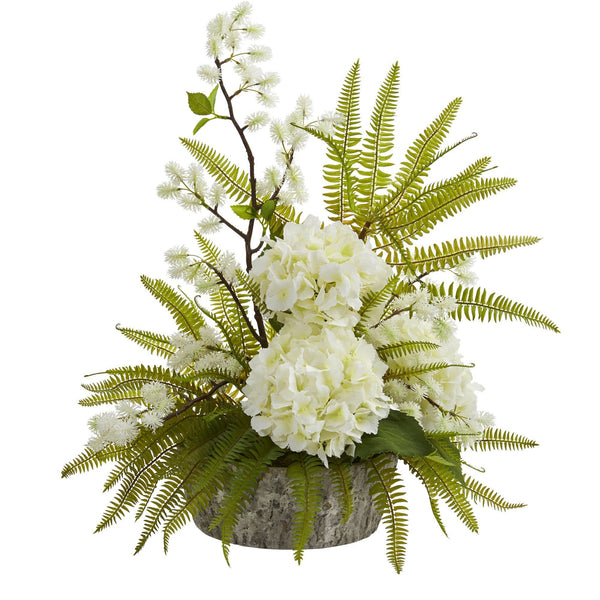 21” Hydrangea and Fern Artificial Arrangement in Weathered Oak Vase