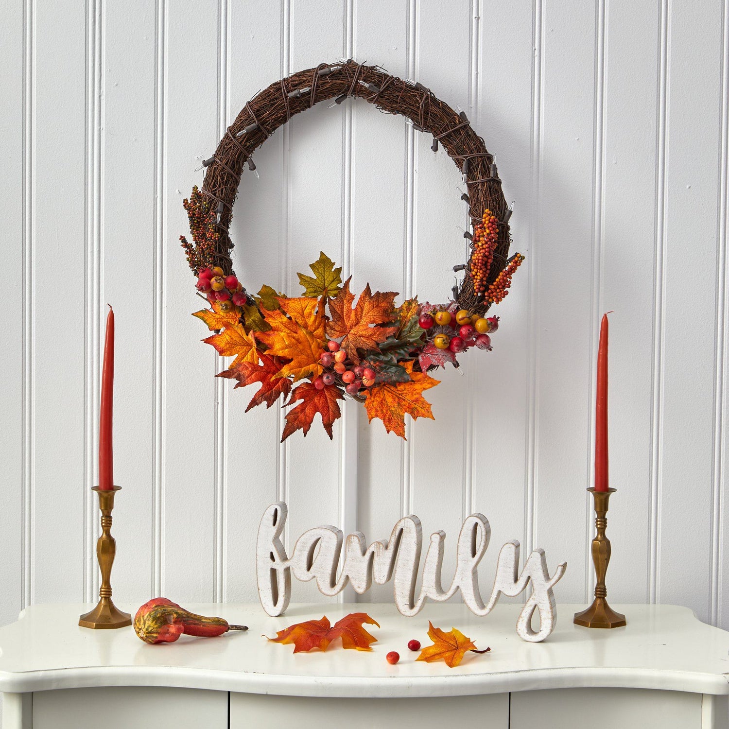 21” Maple Leaf and Berries Artificial Wreath with 50 Warm White LED Lights
