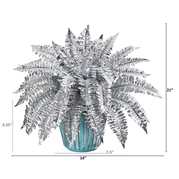 21” Metallic Silver Boston Fern Artificial Plant in Turquoise Planter with Silver Trimming
