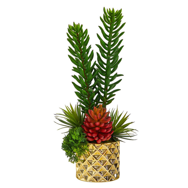 21” Mixed Succulent Artificial Plant in Gold Planter