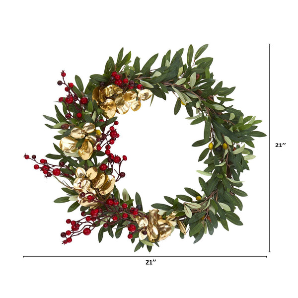 21” Olive, Berries and Gold Eucalyptus Artificial Wreath