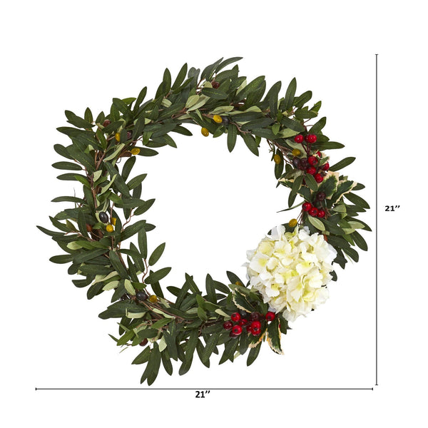 21” Olive, Hydrangea and Holly Berry Artificial Wreath