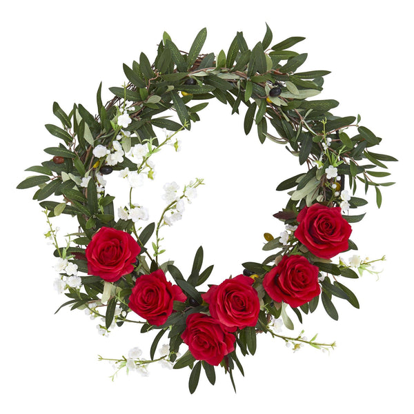 21” Olive, Rose and Cherry Blossom Artificial Wreath