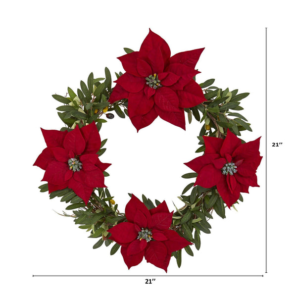 21” Olive with Poinsettia Artificial Wreath