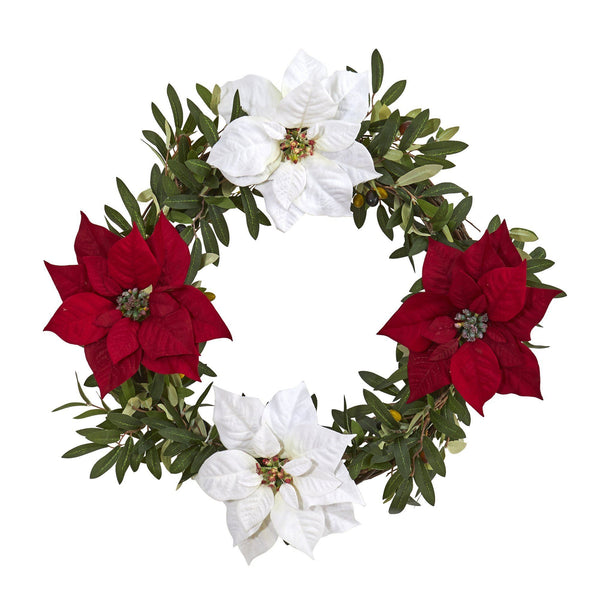 21” Olive with Poinsettia Artificial Wreath