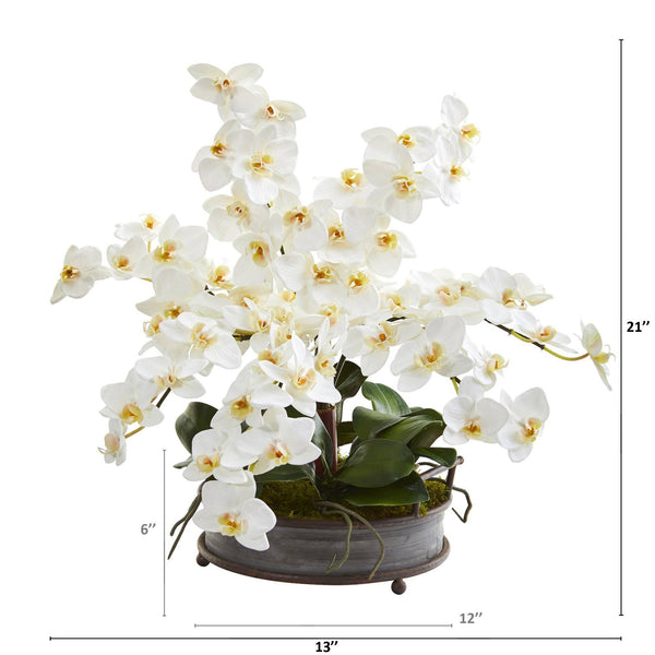 21” Phalaenopsis Orchid Artificial Arrangement in Metal Tray with Copper Trimming