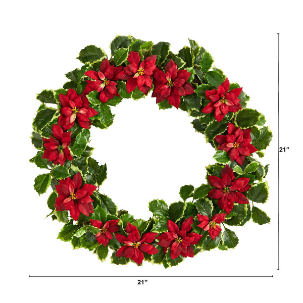 21” Poinsettia and Variegated Holly Artificial Christmas Wreath