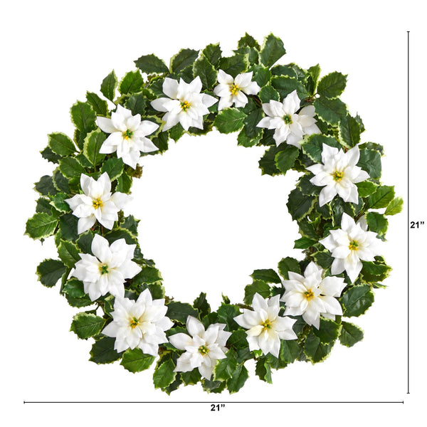 21” Poinsettia and Variegated Holly Artificial Christmas Wreath