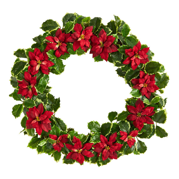 21” Poinsettia and Variegated Holly Artificial Christmas Wreath