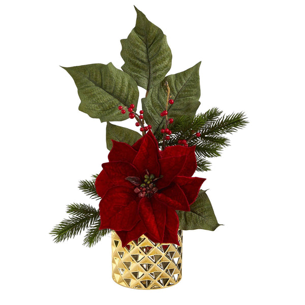 21” Poinsettia, Berries and Pine Artificial Arrangement in Gold Vase