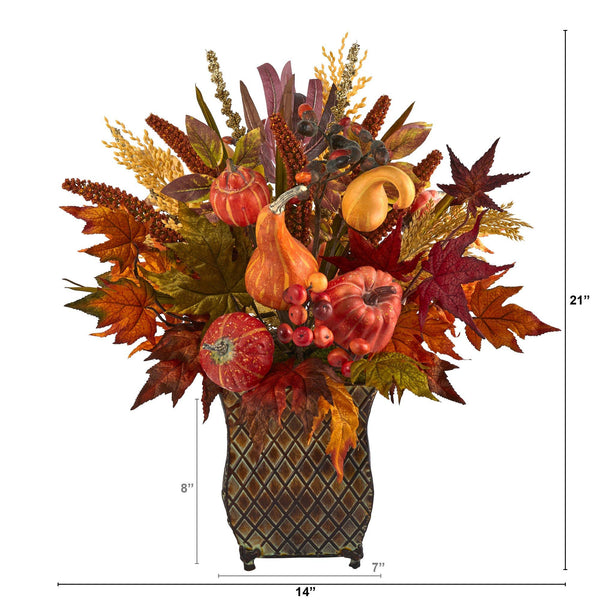 21” Pumpkin, Maple Leaf and Sorghum Harvest Artificial Arrangement in Metal Planter