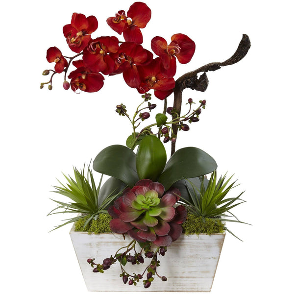 21" Seasonal Artificial Orchid & Succulent Garden w/White Wash Planter"