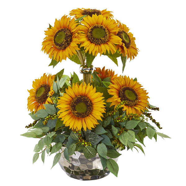 21” Sunflower and Mixed Greens Artificial Arrangement in Silver Vase