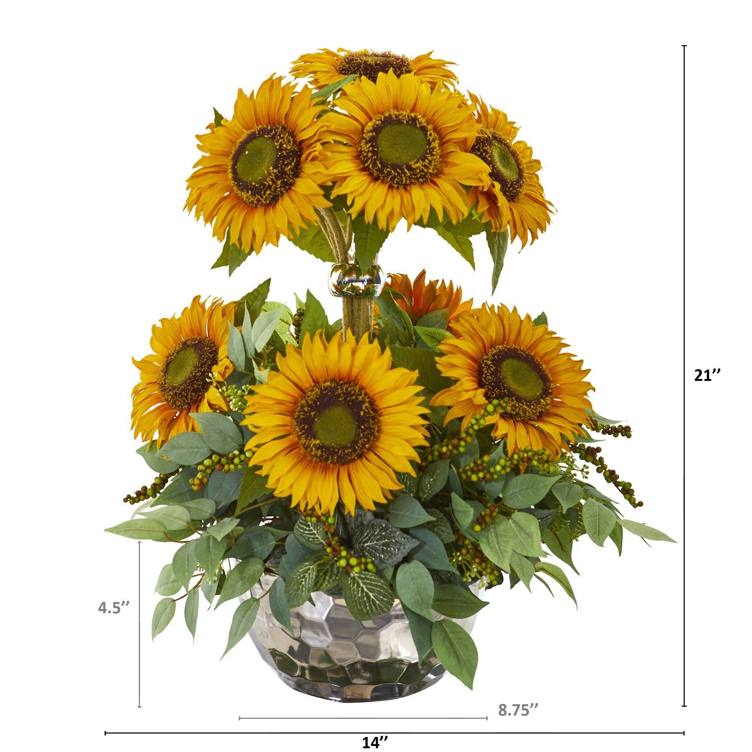 21” Sunflower and Mixed Greens Artificial Arrangement in Silver Vase